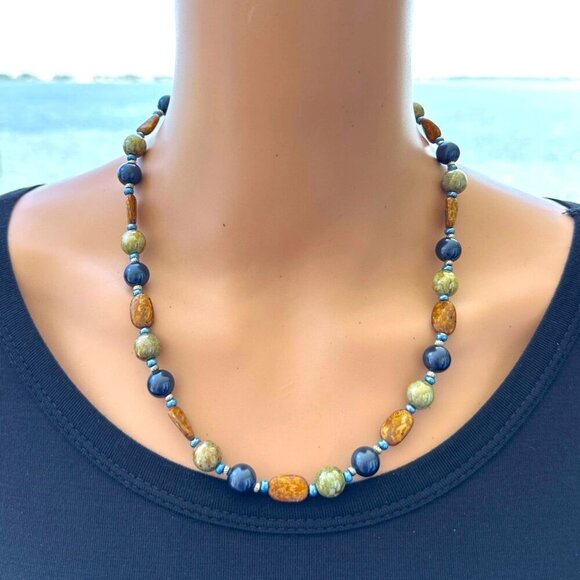 Beaded Necklace Ceramic like Blue Brown Green Adjustable Length - Picture 1 of 2